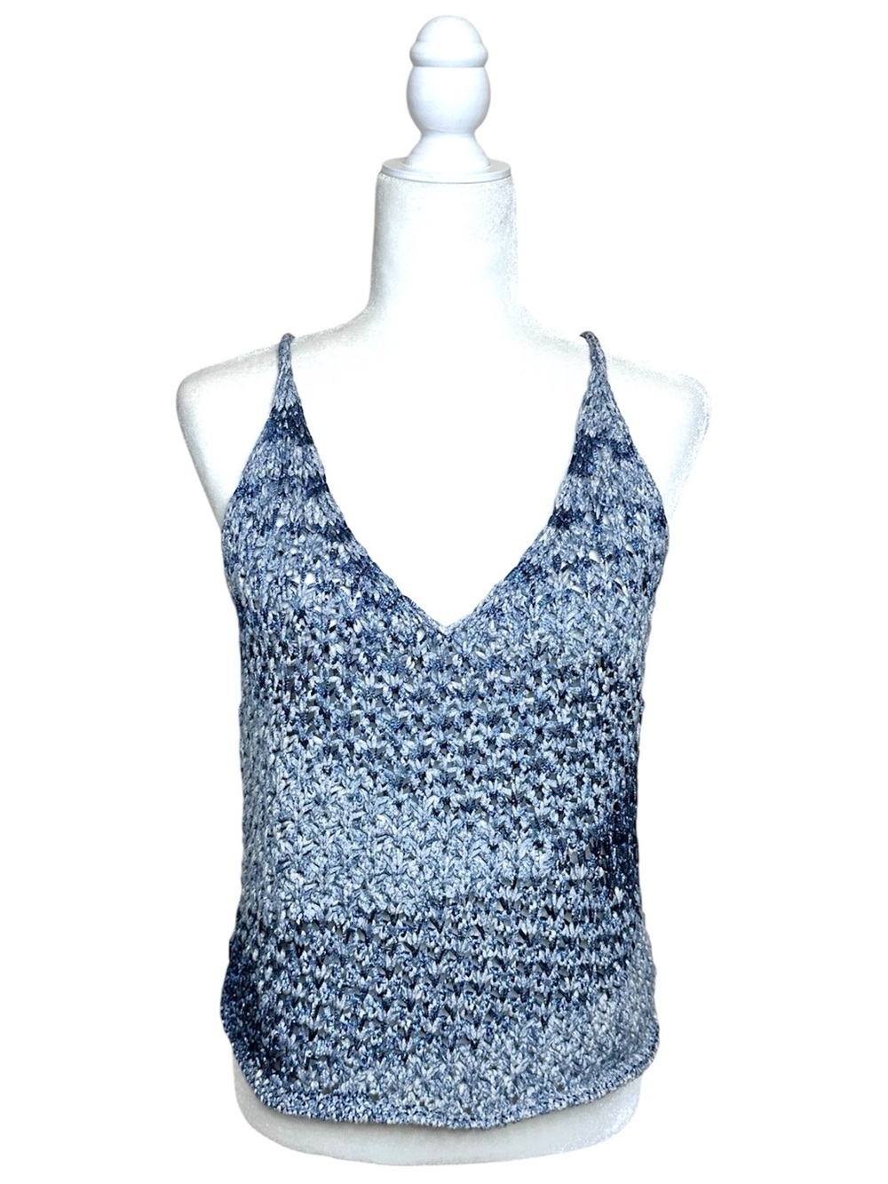 INTERMIX Beachy Open Knit Crochet Tank Top Size Medium Blue Marled Knit V-Neck